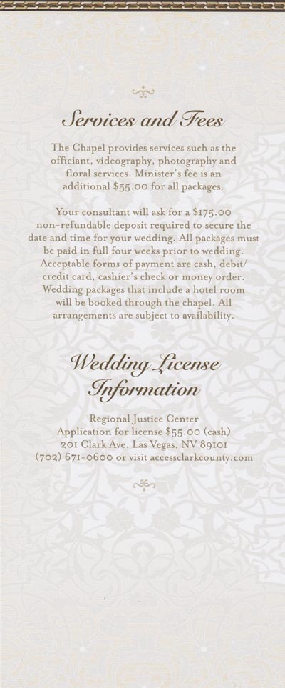 Services and Fees, Brochure, Canterbury Wedding Chapel, Excalibur Hotel & Casino, 3850 Las Vegas Boulevard South, Las Vegas, Nevada