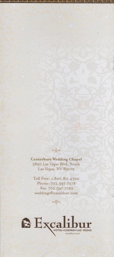 Brochure, Canterbury Wedding Chapel, Excalibur Hotel & Casino, 3850 Las Vegas Boulevard South, Las Vegas, Nevada