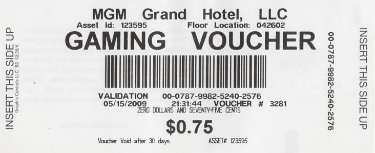 Gaming Voucher, MGM Grand, 3799 Las Vegas Boulevard South, Las Vegas, Nevada