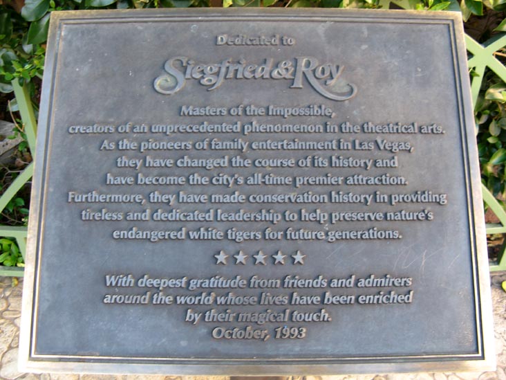 Plaque In Front Of Siegfried and Roy Statue, The Mirage, 3400 Las Vegas Boulevard South, Las Vegas, Nevada