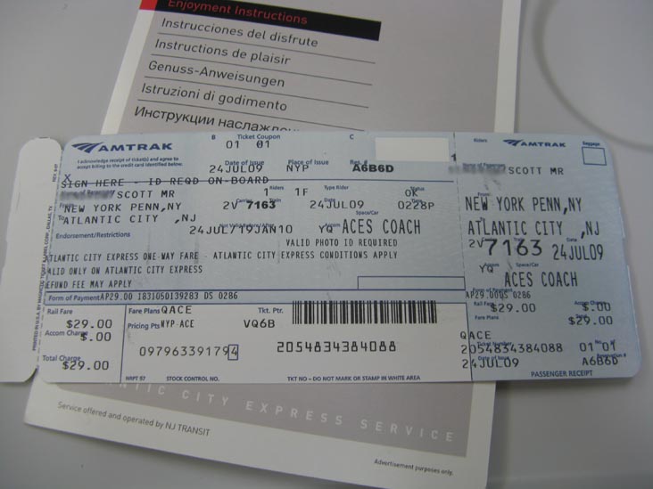 Atlantic City Express Service ACES Train Ticket