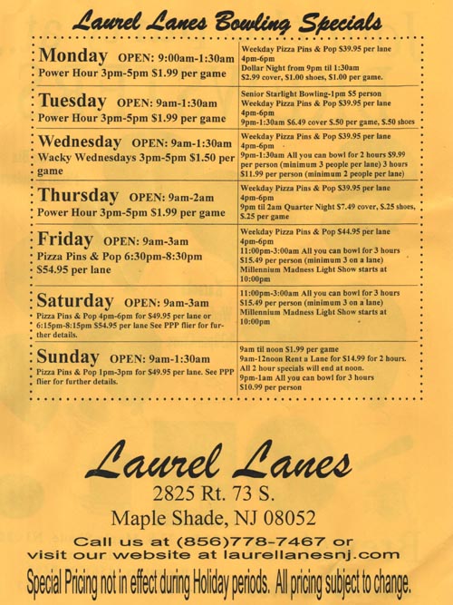 Bowling Specials Flier, Laurel Lanes, 2825 Route 73 South, Maple Shade, New Jersey