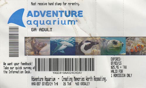 Ticket, Adventure Aquarium, 1 Riverside Drive, Camden, New Jersey, July 3, 2014
