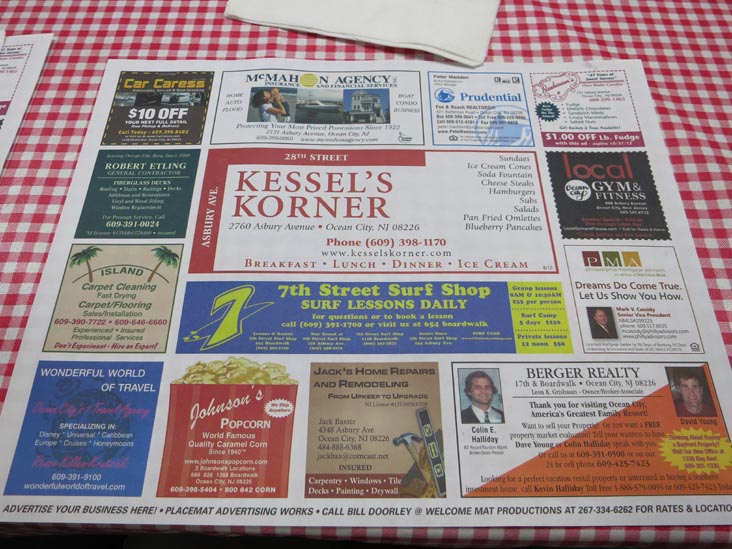 Placemat, Kessel's Korner, 2760 Asbury Avenue, Ocean City, New Jersey, July 27, 2012