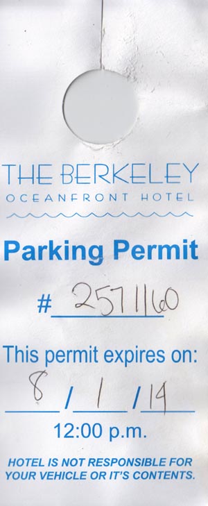 Parking Permit, The Berkeley Oceanfront Hotel, 1401 Ocean Avenue, Asbury Park, New Jersey