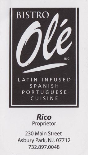 Business Card, Bistro Ole, 230 Main Street, Asbury Park, New Jersey