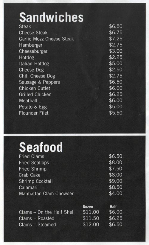Sandwiches and Seafood, Menu, Biggie's Clam Bar, 1300 Ocean Avenue, Asbury Park Convention Hall, Asbury Park, New Jersey