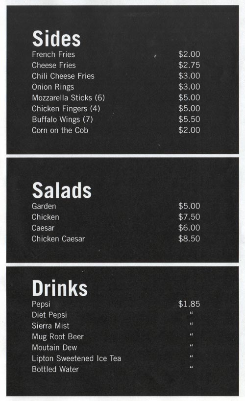 Sides, Salads and Drinks, Menu, Biggie's Clam Bar, 1300 Ocean Avenue, Asbury Park Convention Hall, Asbury Park, New Jersey