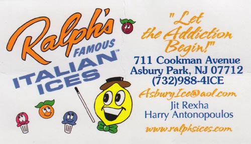 Business Card, Ralph's Famous Italian Ices, 711 Cookman Avenue, Asbury Park, New Jersey