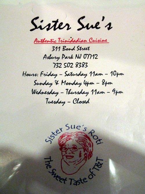 Menu, Sister Sue's Restaurant, 311 Bond Street, Asbury Park, New Jersey