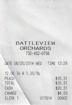Receipt, Battleview Orchards, Freehold, New Jersey, August 4, 2014
