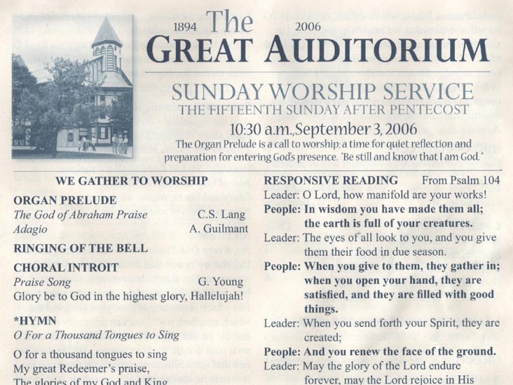 Sunday Worship Service Program, September 3, 2006, The Great Auditorium, Ocean Grove Camp, Ocean Grove, New Jersey