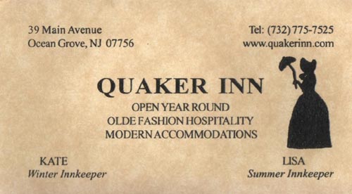 Business Card, Quaker Inn, 39 Main Avenue, Ocean Grove, New Jersey