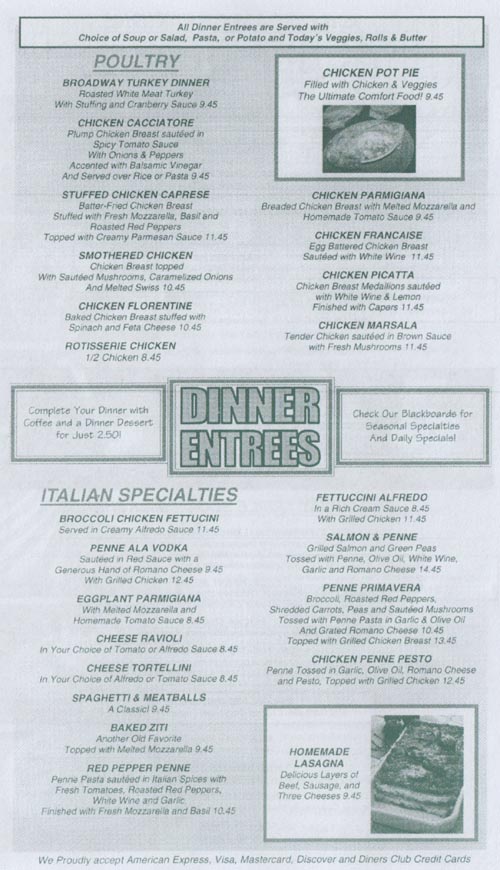 Dinner Entrees, Menu, Broadway Diner, 45 Monmouth Street, Red Bank, New Jersey