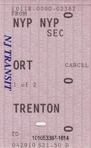 New York Penn Station-Trenton Off-Peak Round Trip Ticket, April 2010