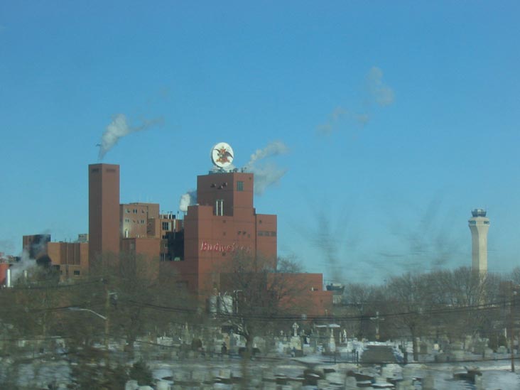Cemetery, Budweiser Plant, Newark Liberty Flight Tower, New Jersey Transit's Northeast Corridor Line