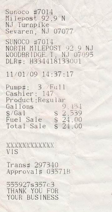 Gas Receipt, Grover Cleveland Service Area, New Jersey Turnpike Milepost 92.9, Woodbridge, New Jersey