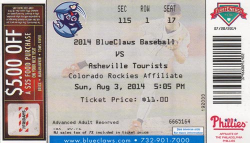 Ticket, Lakewood BlueClaws vs. Asheville Tourists, FirstEnergy Park, Lakewood, New Jersey, August 3, 2014