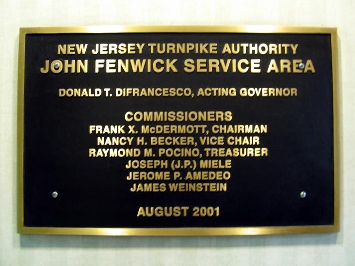 Plaque, John Fenwick Service Area, New Jersey Turnpike, Salem County, New Jersey