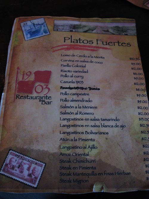 Menu, 1903 Restaurante & Bar, Calle Primera, San Felipe, Panama City, Panama, July 3, 2010
