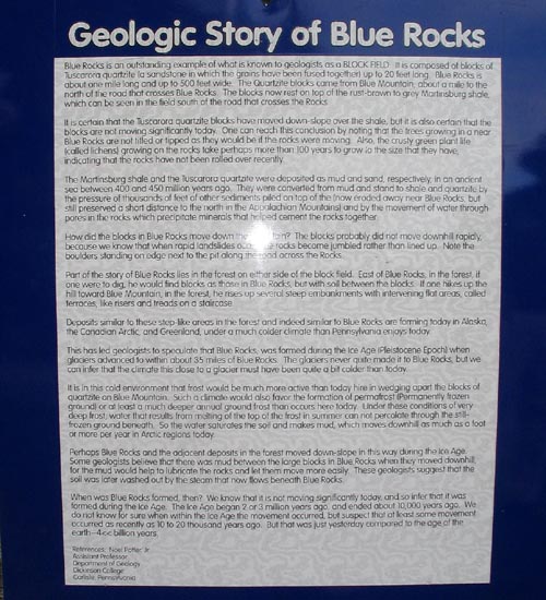 "Geologic Story of Blue Rocks" Interpretive Sign, Blue Rocks Glacier Deposit, Blue Rocks Family Campground, Lenhartsville, Pennsylvania