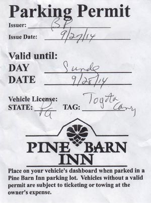 Parking Permit, Pine Barn Inn, 1 Pine Barn Place, Danville, Pennsylvania, September 27, 2014