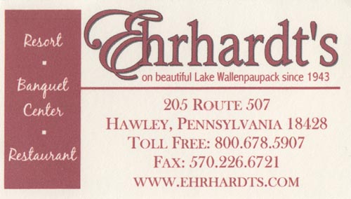 Business Card, Ehrhardt's Waterfront Resort, 205 Route 507, Hawley, Pennsylvania