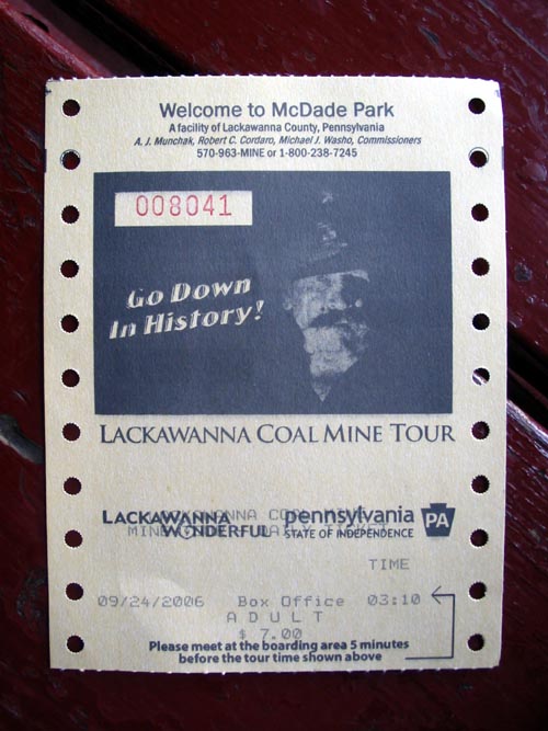 Ticket, Lackawanna County Coal Mine Tour, Scranton, Pennsylvania