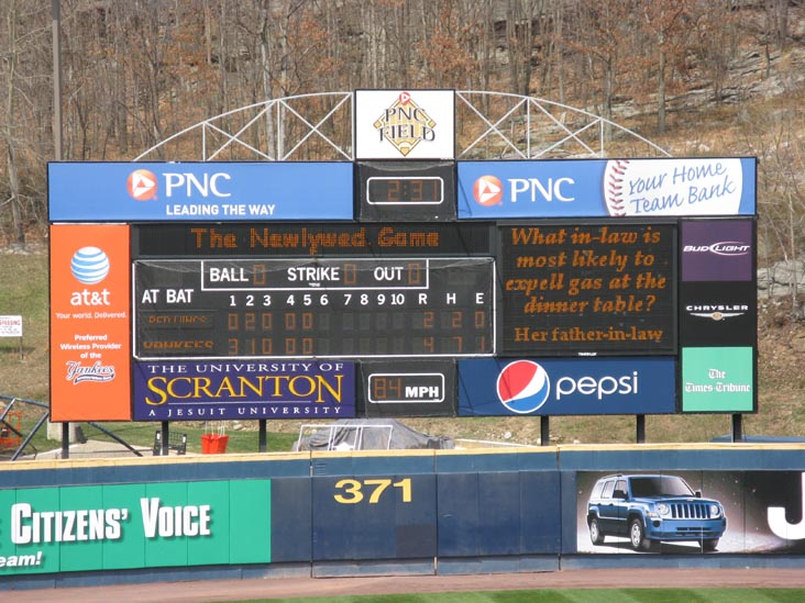 Scoreboard, Newlywed Between Innings Game, Scranton/Wilkes-Barre Yankees vs. Rochester Red Wings, PNC Field, 235 Montage Mountain Road, Moosic, Pennsylvania, April 19, 2009