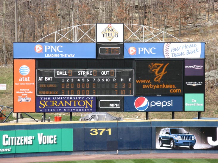 Scoreboard, Scranton/Wilkes-Barre Yankees vs. Rochester Red Wings, PNC Field, 235 Montage Mountain Road, Moosic, Pennsylvania, April 19, 2009