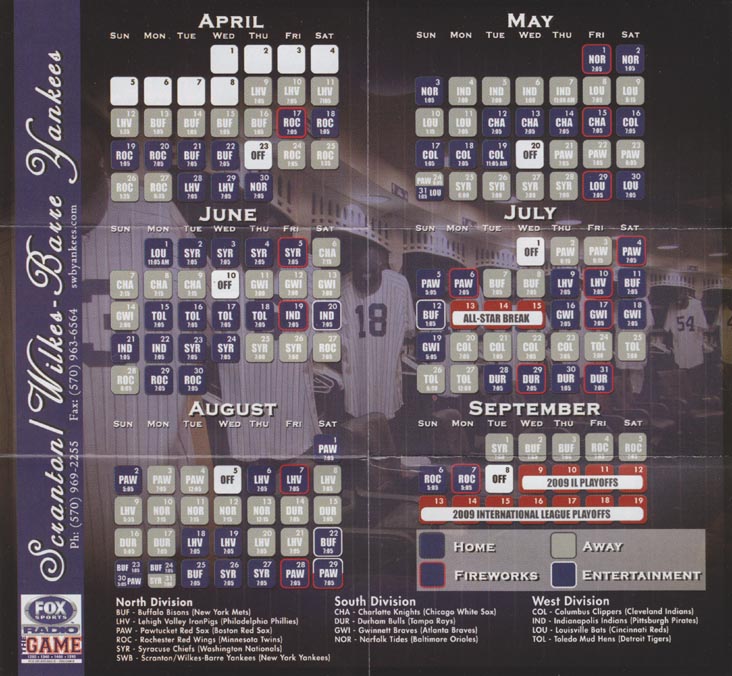 2009 Scranton/Wilkes-Barre Yankees Schedule