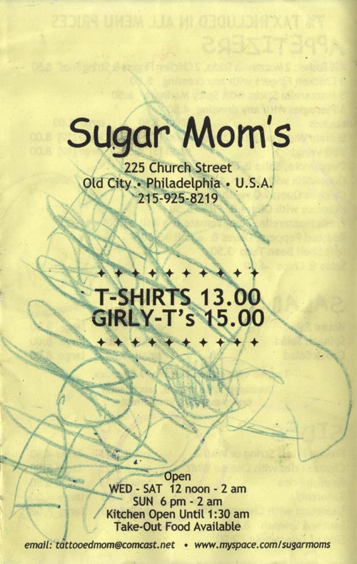 Menu, Sugar Mom's, 225 Church Street, Center City, Philadelphia, Pennsylvania