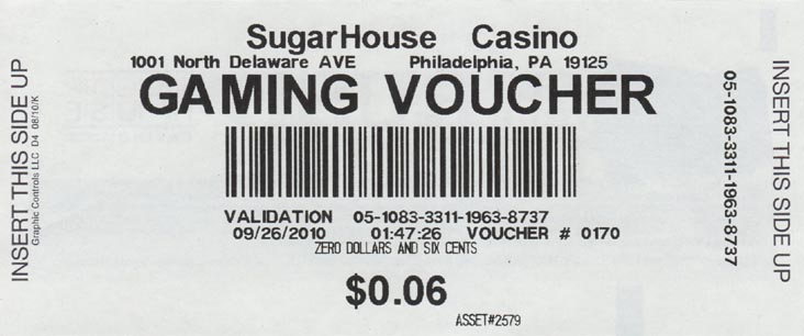 Gaming Voucher, SugarHouse Casino, 1001 North Delaware Avenue, Fishtown, Philadelphia, Pennsylvania
