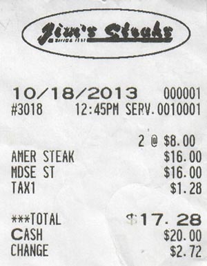 Receipt, Jim's Steaks, 2311 Cottman Avenue, Northeast Philadelphia, Philadelphia, Pennsylvania, October 18, 2013
