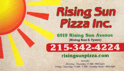 Business Card, Rising Sun Pizza, 6919 Rising Sun Avenue, Northeast Philadelphia, Philadelphia, Pennsylvania