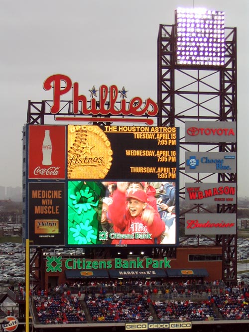 Scoreboard, Philadelphia Phillies vs. Washington Nationals, Citizens Bank Park, South Philadelphia, Philadelphia, Pennsyvlania, Opening Day, March 31, 2008
