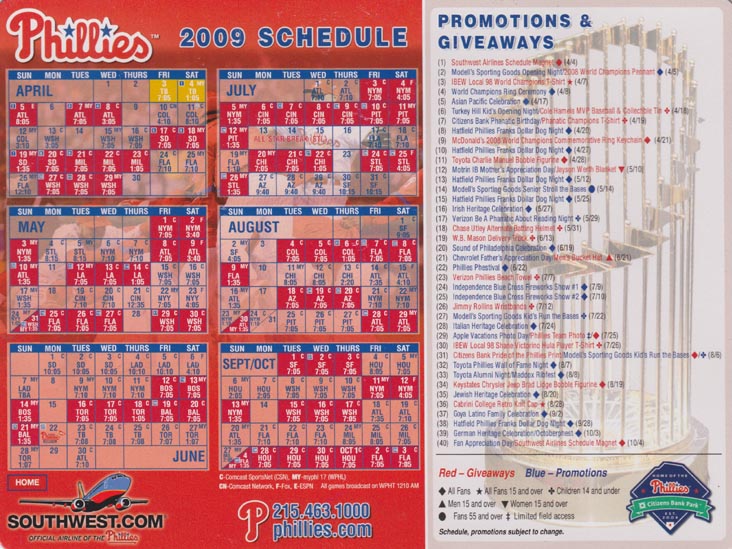 Philadelphia Phillies 2009 Refrigerator Magnet Schedule