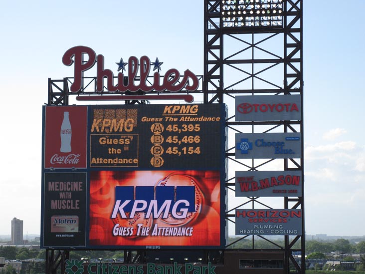 KPMG Guess The Attendance, Jumbotron, Philadelphia Phillies vs. Atlanta Braves, View From Section 313, Citizens Bank Park, Philadelphia, Pennsylvania, May 8, 2010