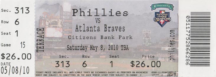 Ticket, Philadelphia Phillies vs. Atlanta Braves, Citizens Bank Park, Philadelphia, Pennsylvania, May 8, 2010