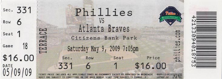 Ticket, Philadelphia Phillies vs. Atlanta Braves, Citizens Bank Park, Philadelphia, Pennsylvania, May 9, 2009