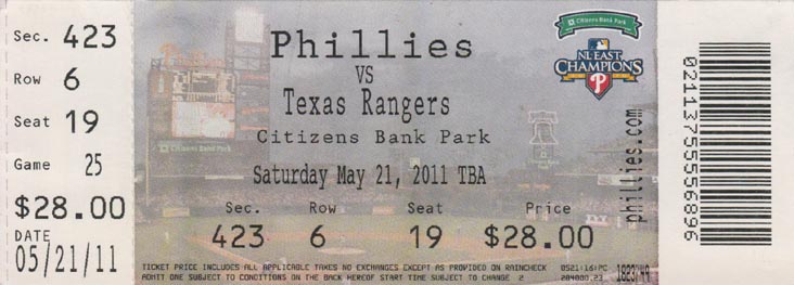 Ticket, Philadelphia Phillies vs. Texas Rangers, Citizens Bank Park, Philadelphia, Pennsylvania, May 21, 2011