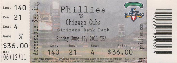 Ticket, Philadelphia Phillies vs. Chicago Cubs, Citizens Bank Park, Philadelphia, Pennsylvania, June 12, 2011