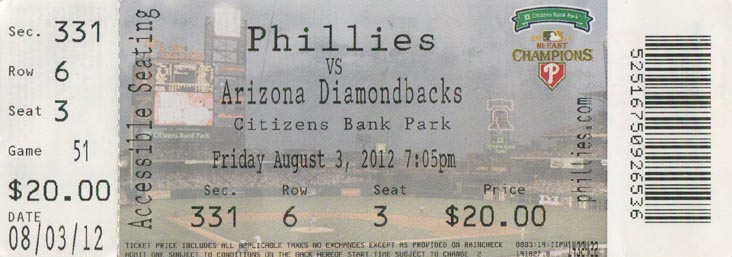 Ticket, Philadelphia Phillies vs. Arizona Diamondbacks (Section 331), Citizens Bank Park, Philadelphia, Pennsylvania, August 3, 2012