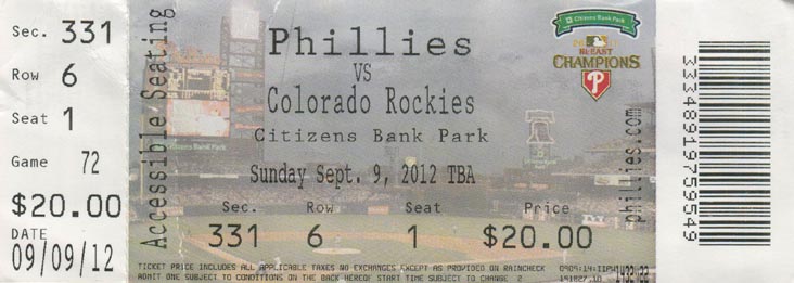 Ticket, Philadelphia Phillies vs. Colorado Rockies (Section 331), Citizens Bank Park, Philadelphia, Pennsylvania, September 9, 2012