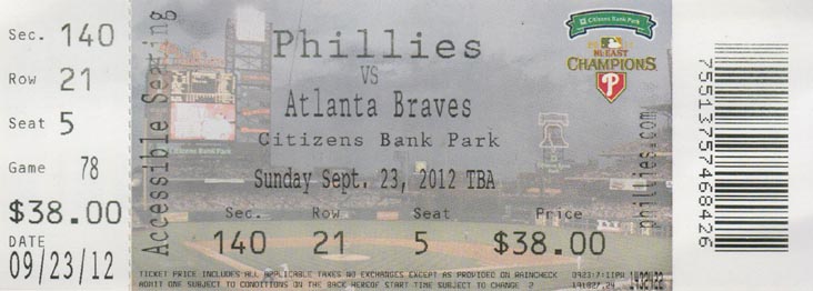 Ticket, Philadelphia Phillies vs. Atlanta Braves, Citizens Bank Park, Philadelphia, Pennsylvania, September 23, 2012