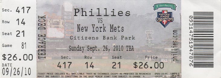Ticket, Philadelphia Phillies vs. New York Mets, Section 417, Citizens Bank Park, Philadelphia, Pennsylvania, September 26, 2010