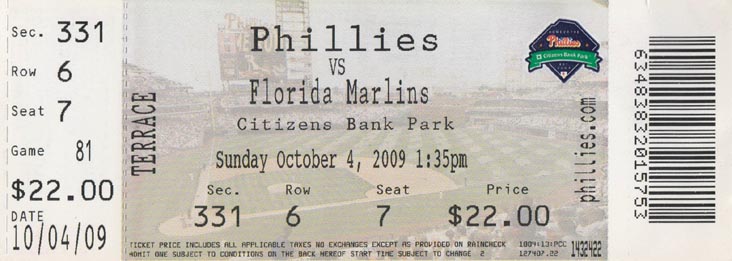 Ticket, Philadelphia Phillies vs. Florida Marlins, Citizens Bank Park, Philadelphia, Pennsylvania, October 4, 2009