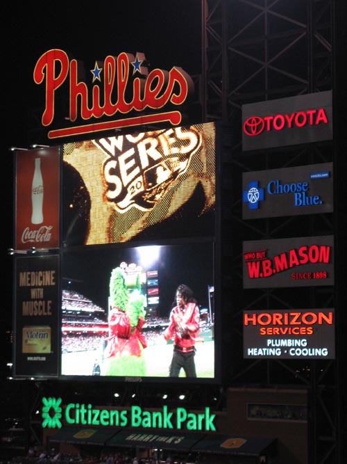 Phillie Phanatic Dancing With Michael Jackson Impersonator On Jumbotron, View From Section 302, Philadelphia Phillies vs. New York Yankees, World Series Game 3, Citizens Bank Park, Philadelphia, Pennsylvania, October 31, 2009