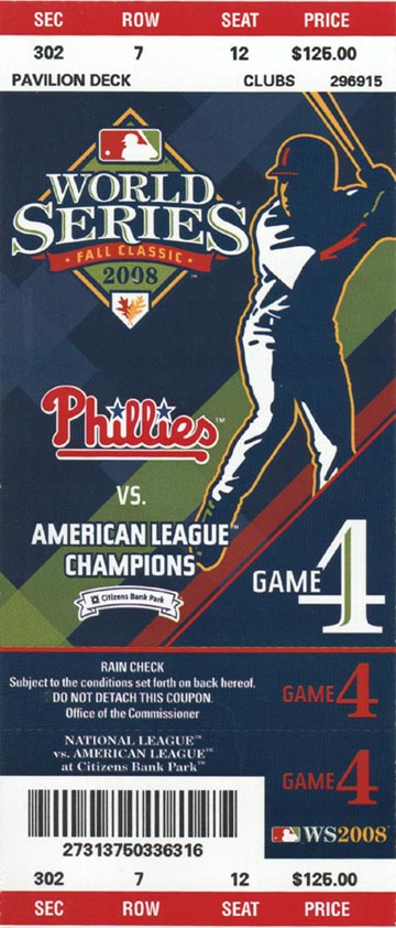 Ticket, World Series Game 4, Philadelphia Phillies vs. Tampa Bay Rays, Citizens Bank Park, Philadelphia, Pennsylvania, October 26, 2008