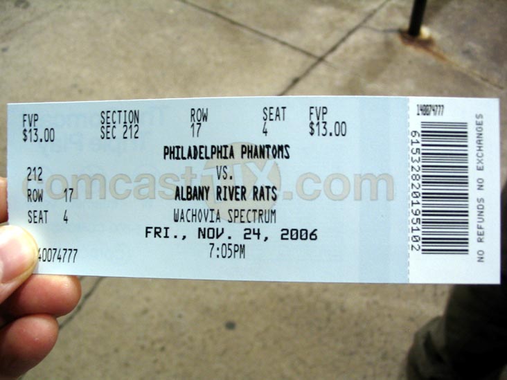 Ticket, Philadelphia Phantoms vs. Albany River Rats, Wachovia Spectrum, Wachovia Complex, 3601 South Broad Street, South Philadelphia, November 24, 2006